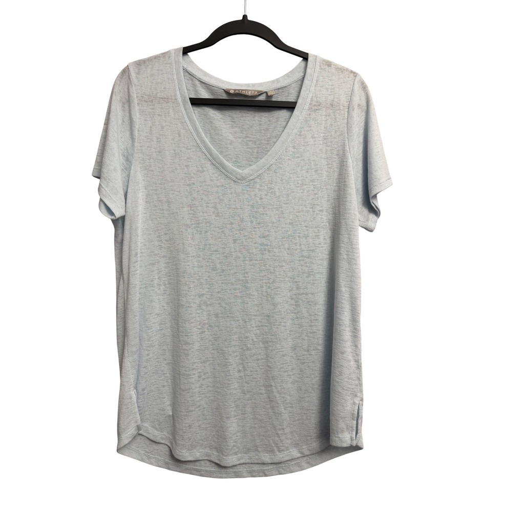 Athleta Breezy V-Neck Tee Light Blue Heathered Modal Blend Slub T-Shirt Large